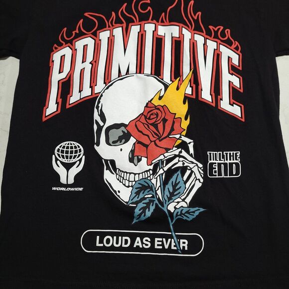 Primitive Skateboarding Loud As Ever Flaming Skull Rose Black T Shirt Large NWOT - Picture 4 of 5